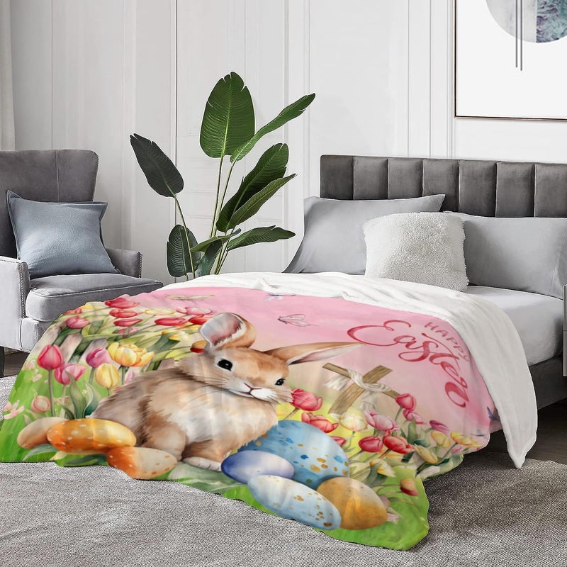 YeeJu Easter Throw Blanket Queen Size 90x90 Pink Rabbit Egg Blanket for Bed Couch Soft Cozy Fuzzy Plush Fleece Blanket Large Big Decorative Cute Spring Holiday Decorative Blanket 90 by 90 - Image 4